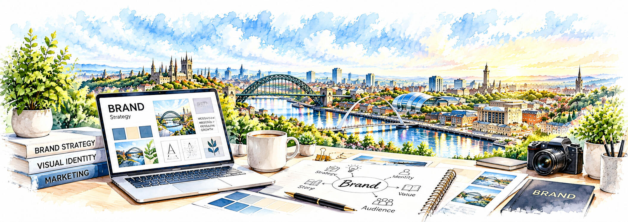 Newcastle upon Tyne & North East – Peter Angel Newcastle upon Tyne skyline featuring the Tyne Bridge and surrounding city architecture