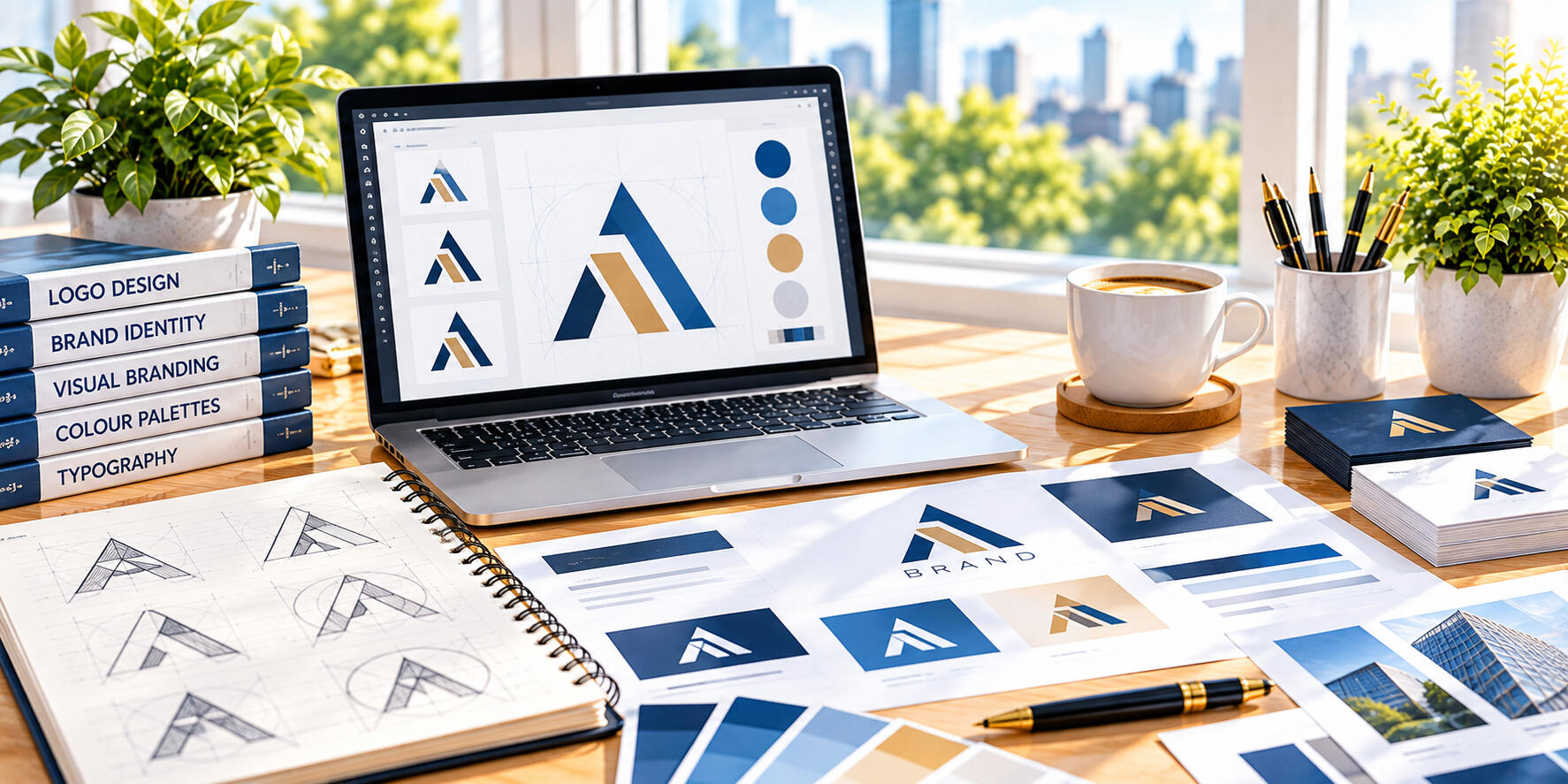 Logo Design Services – Peter Angel Professional logo designs, brand symbols, typography, and colour palettes displayed on a desk for business branding.