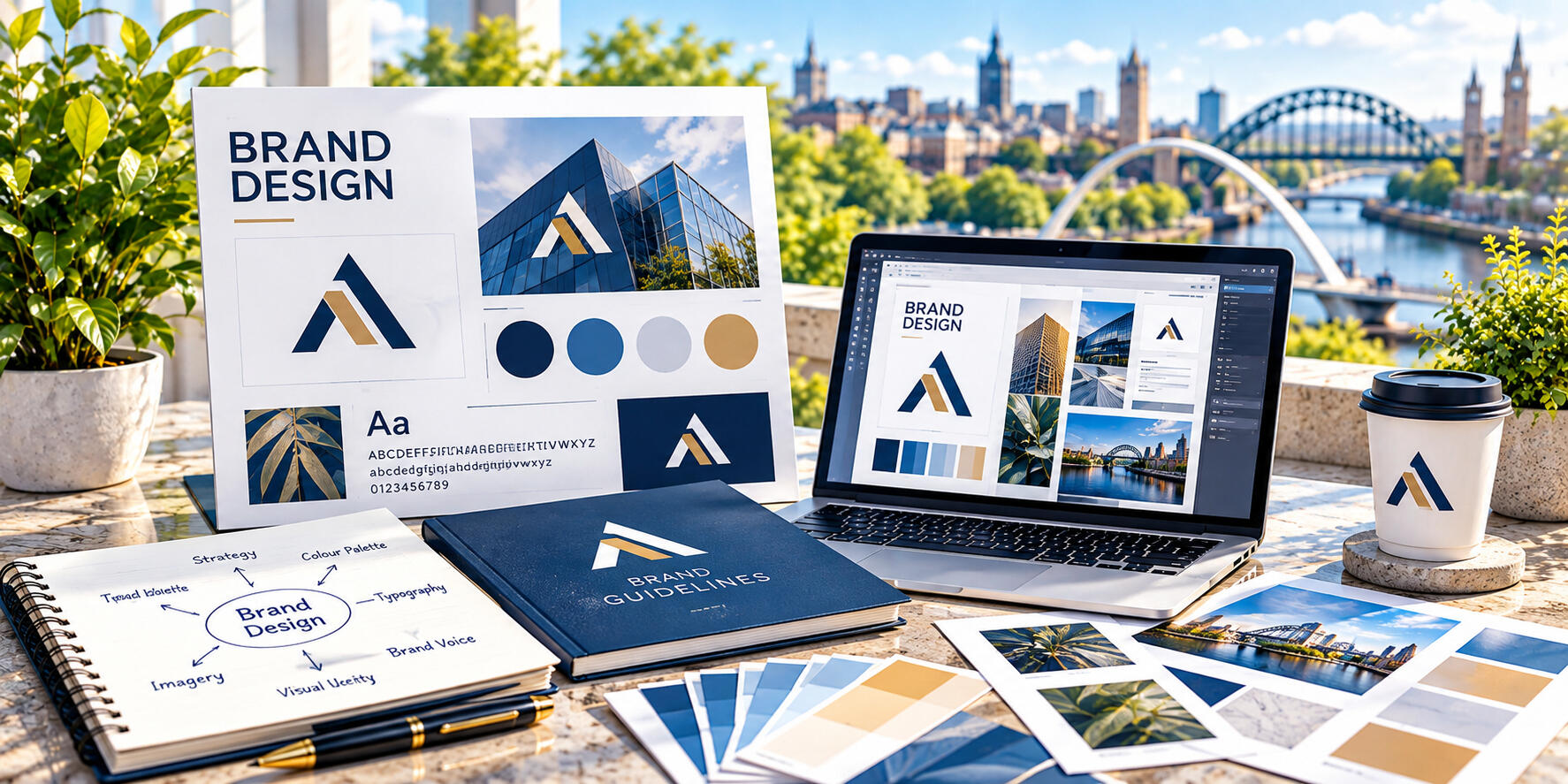 Brand design concepts, colour palettes, typography, and visual elements displayed on a desk for consistent business branding.