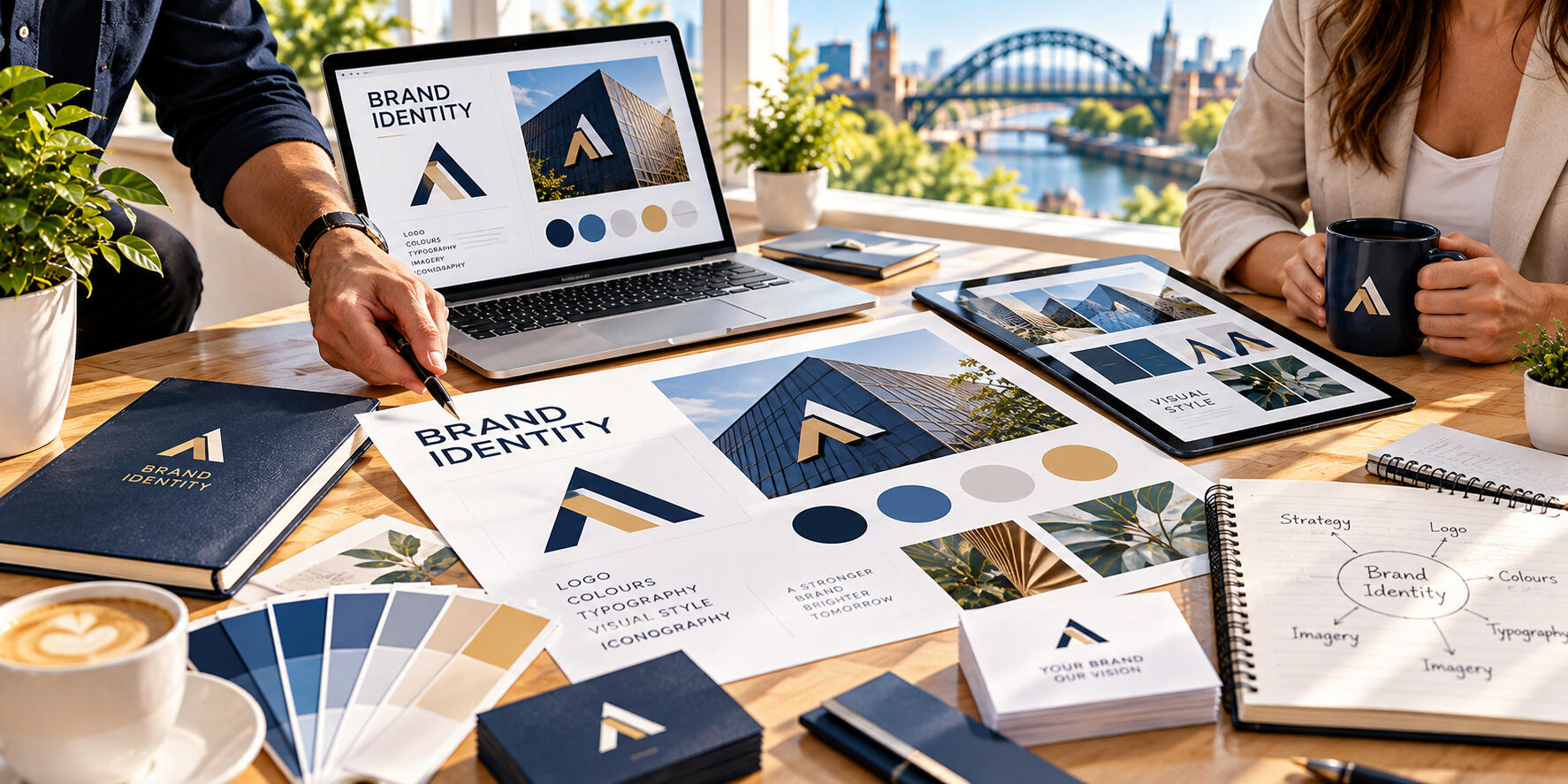 Brand identity elements, including logos, typography, colour schemes, and visual assets displayed on a desk for business recognition.