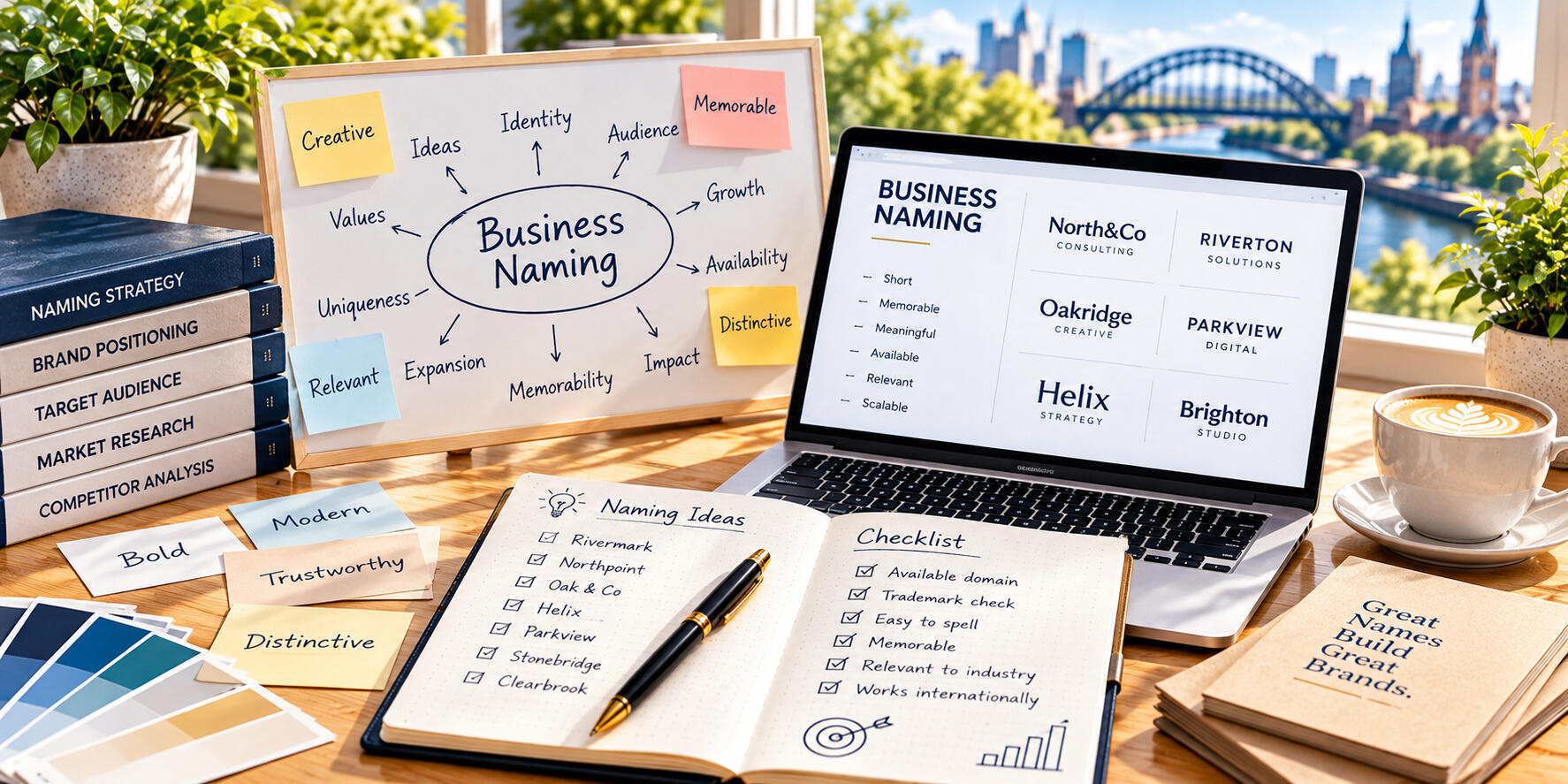 Business naming concepts, brand name ideas, typography, and creative notes displayed on a desk for brand development.