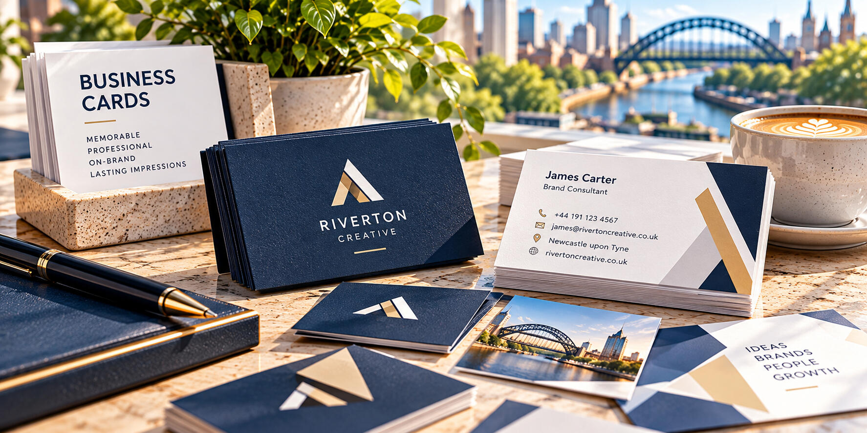 Professionally designed business cards featuring brand logos, contact details, typography, and colour schemes for business networking.