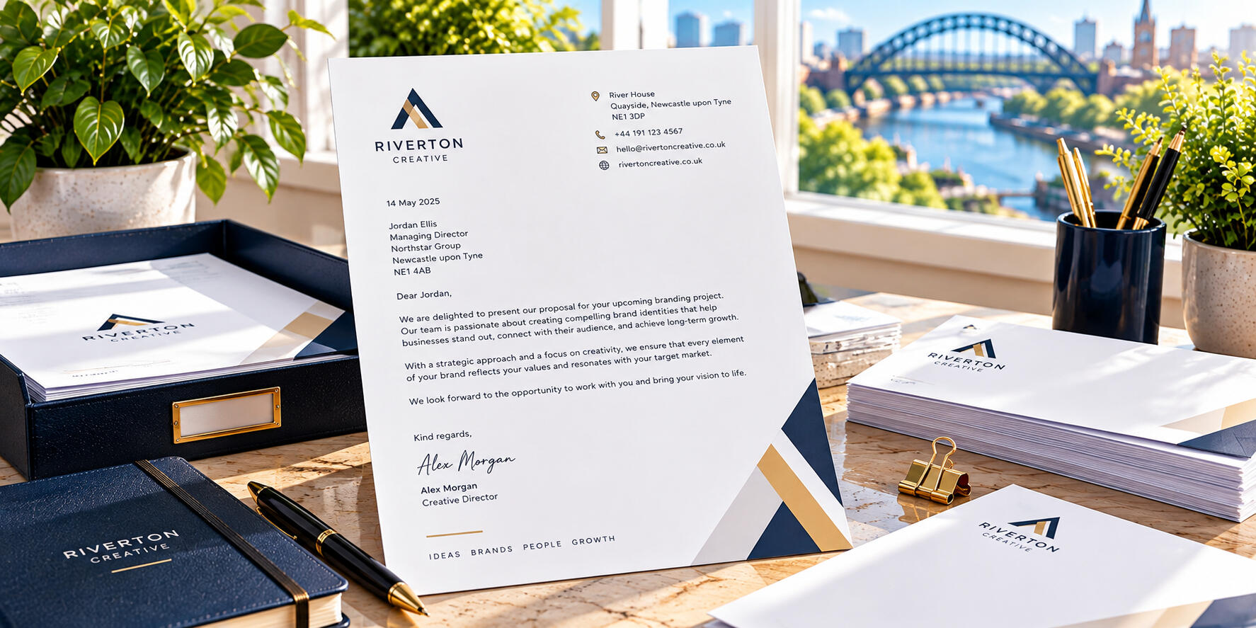 Letterhead Design Services – Peter Angel Branded letterheads, business stationery, and professional document layouts displayed on a desk for consistent corporate communication.