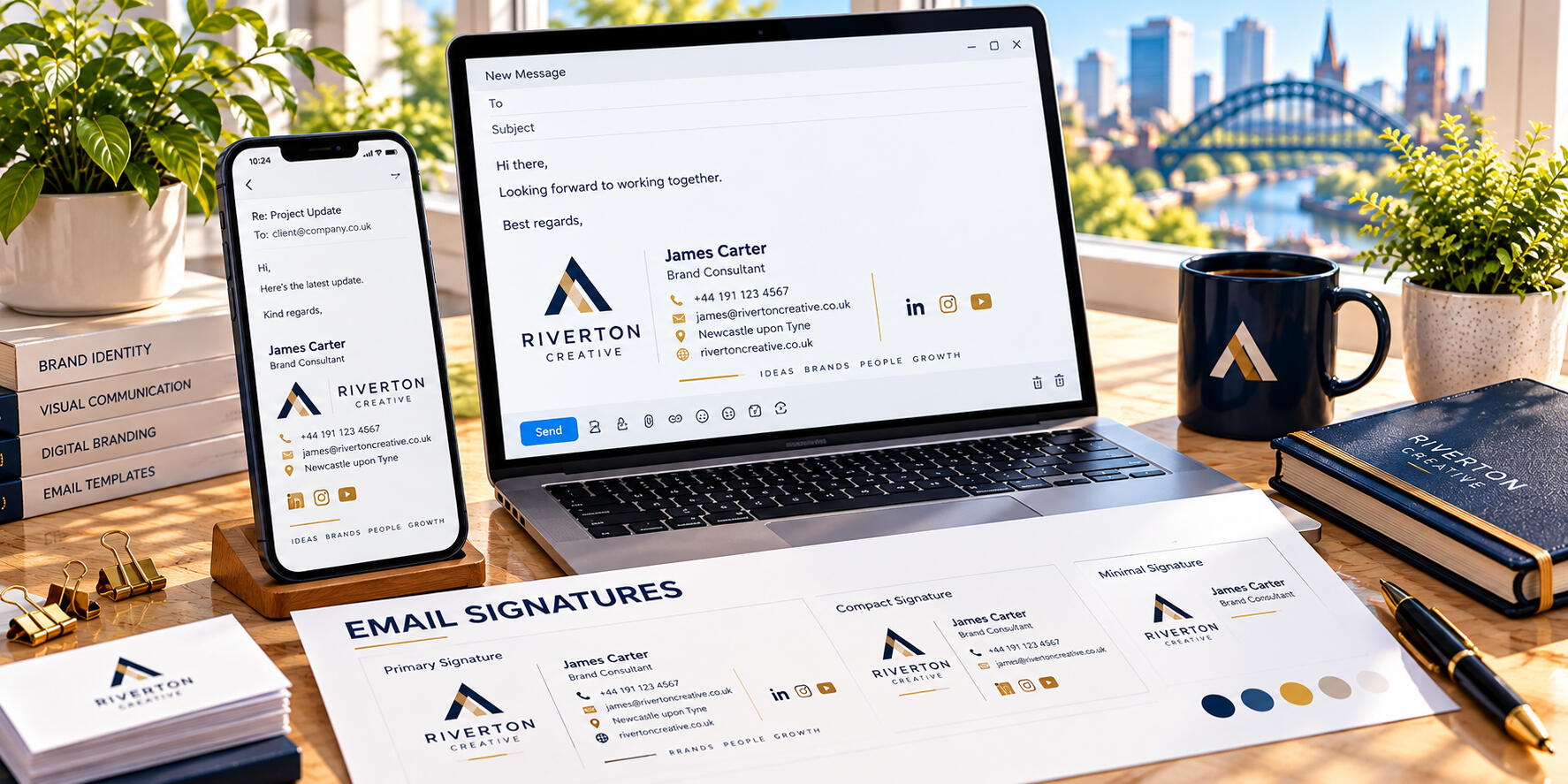 Professional email signature designs featuring company logos, contact details, social media icons, and brand colours for business communication.