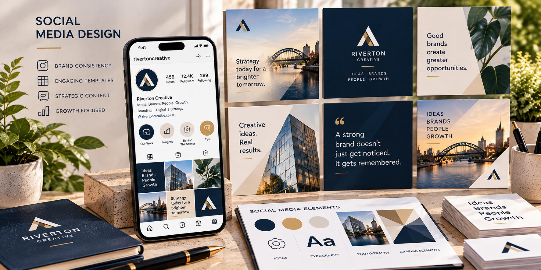 Social Media Design Services – Peter Angel Branded social media graphics, promotional posts, and digital templates displayed on a screen for consistent online business branding.
