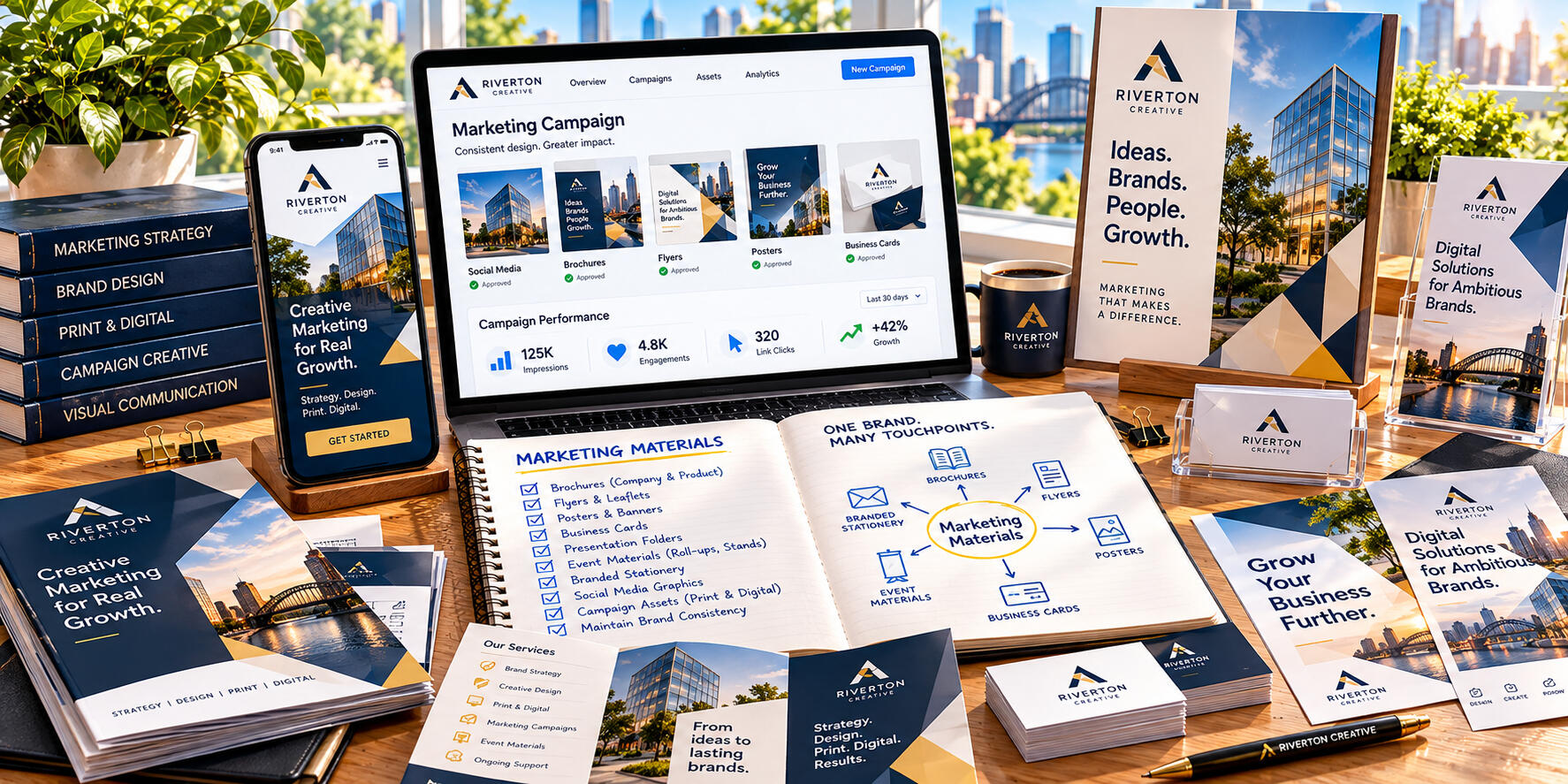 Marketing Materials Design Services – Peter Angel Marketing materials including brochures, flyers, promotional designs, and branded layouts displayed on a desk for business promotion.