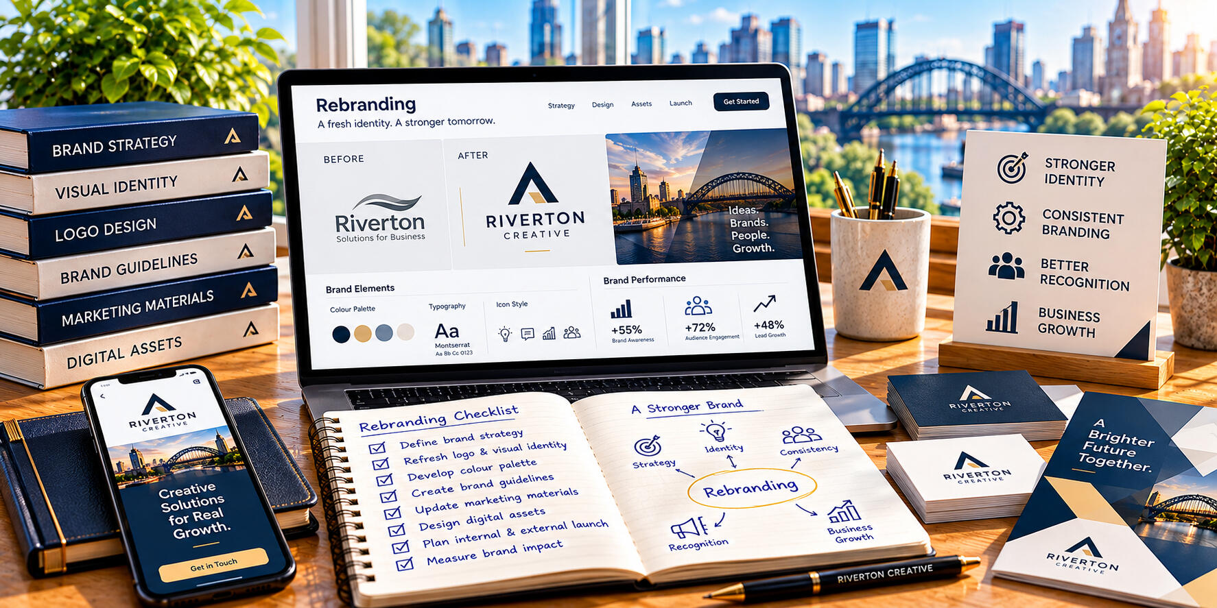 Rebranding concepts featuring updated logos, colour palettes, typography, and visual assets displayed on a desk for modern business identity.