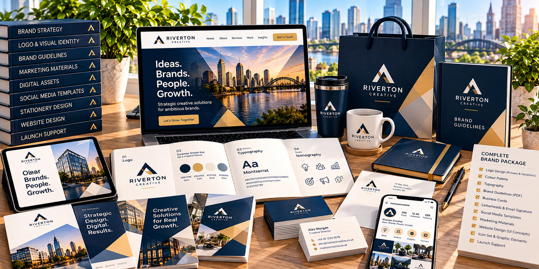 Complete branding package featuring logo designs, business cards, colour palettes, typography, and marketing materials for a cohesive business identity.